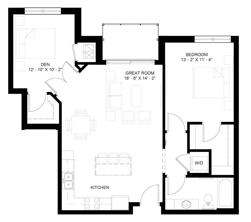 Floor plan for 1 bed, 1 bath, 957 sqft